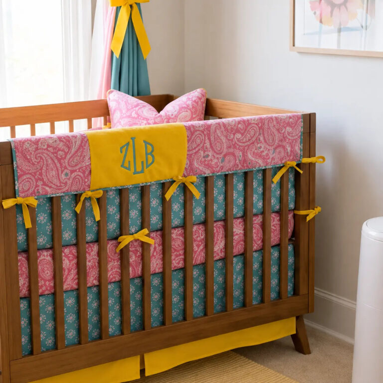 Zoe Louise pink, teal, and yellow monogram nursery with custom crib bedding