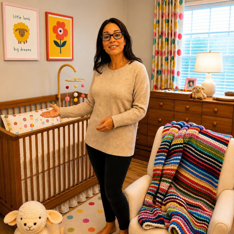 Warm, colorful nursery design presentation with custom crib bedding