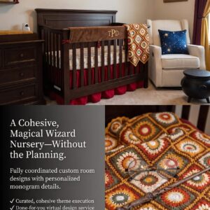 Mesmerizing wizard nursery with warm autumn-tone crochet granny-square blanket and monogrammed crib rail cover
