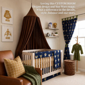 Navy and sage nursery with a chocolate canopy over the crib, framed art gallery wall, and collectible shelf display